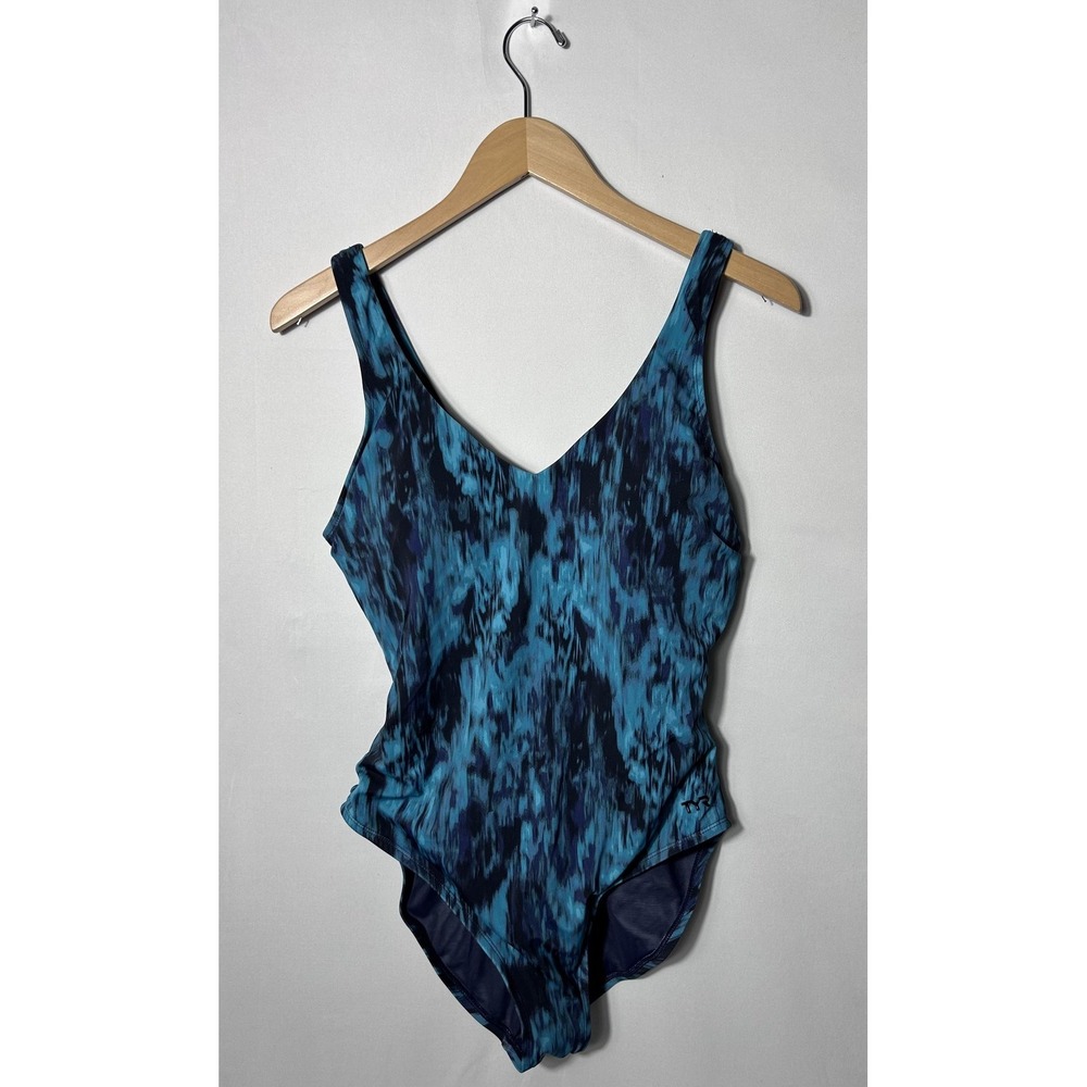 TYR One Piece Swimsuit Womens Large Blue Ikat Print Padded Lined Athletic
